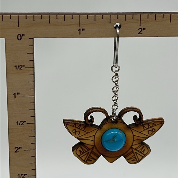 Handmade Wood Carving & Pyrography Butterfly Earrings with Bead NWT - Picture 4 of 6